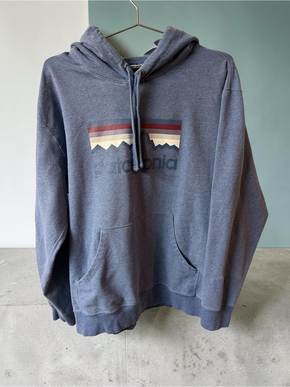 Patagonia Slate Blue Pullover Hoodie with Mountain Stripe Logo